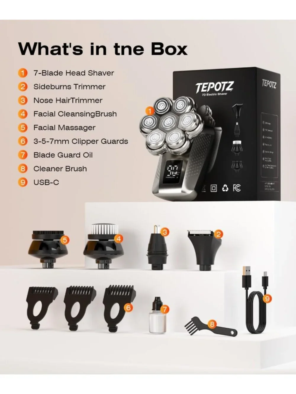 Waterproof 7D Electric Head Shaver for Bald Men, 5-in-1 Grooming Kit